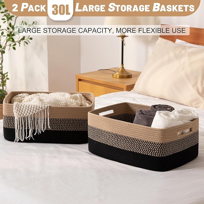 Large Storage Basket for Organizing, Woven Rope Basket for Shelves, Closet Organizer Bins for Clothes, Blanket, Toys, Baby Nursery Storage, 17.7" x 13" x 7.87", 2 Packs Black & Brown-Ruum Studio Home