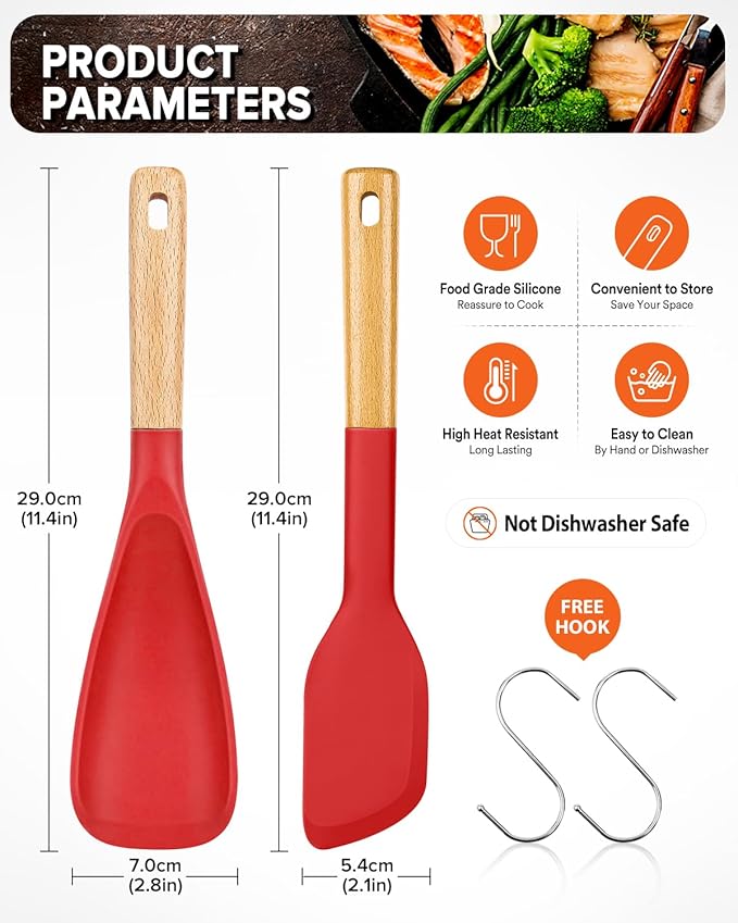Cooking Spoon and Scraper for Nonstick Cookwares, Great for Cooking and Serving Durable BPA-Free Matte Silicone, Wood Handle Multifunction Spoon for Mixing, Scoop, and Scrape (RED)-Ruum Studio Home