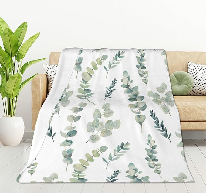 HGOD DESIGNS Watercolor Eucalyptus Flannel Fleece Bed Blanket Throw Blanket Lightweight Cozy Plush Blanket for Bedroom Living Rooms Sofa Couch 50"x60"-Ruum Studio Home