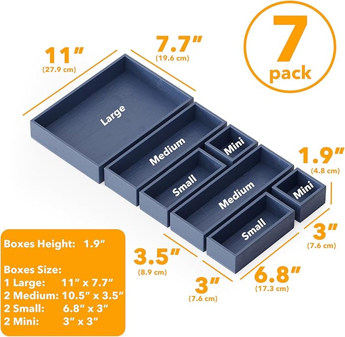 SpaceAid 7-Piece Bamboo Drawer Organizer Storage Boxes Set, Wood Tray Junk Drawer Organizers Multi-Use Divider Bins for Kitchen, Bathroom, Office Desk and Makeup Organization (7 Pack, Navy Blue)-Ruum Studio Home