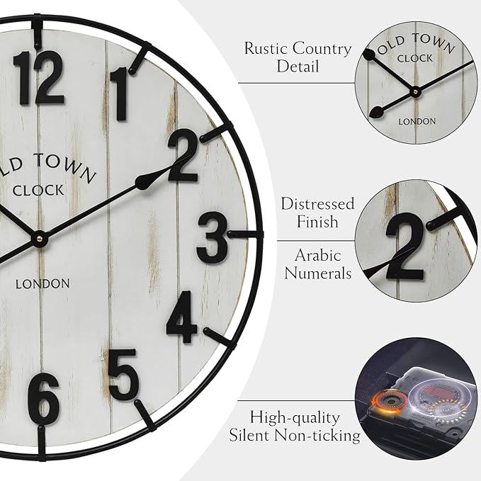 Large Old Town Farmhouse Wall Clock – 24 Inches Rustic Antique Wood with Metal Circle and Large Numerals, Silent Battery Operated Clock for Office, Kitchen, Bedroom, Living Room (Washed White)-Ruum Studio Home