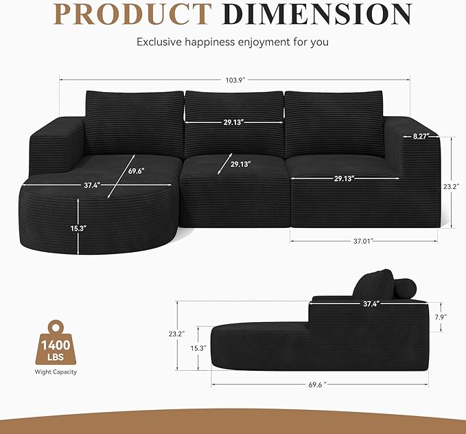 Modular Sectional Sofa with L-Shape Chaise,Cloud Sectional Modern Sleeper Couch with Deep Seat,Sponge Compression Sofas No Assembly Required (Black-Corduroy Fabric) 1PCS-Ruum Studio Home
