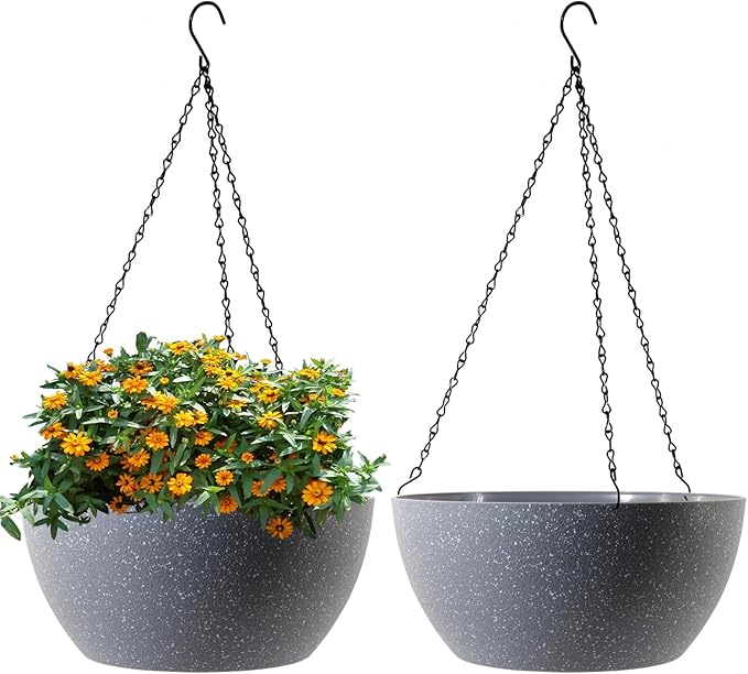 10 inch Hanging Planters for Outdoor Indoor Plants with Drainage Holes and Chain, 2 Pack Round Hanging Flower Plant Pots for Garden Home Porch Decor, Speckled Grey-Ruum Studio Home