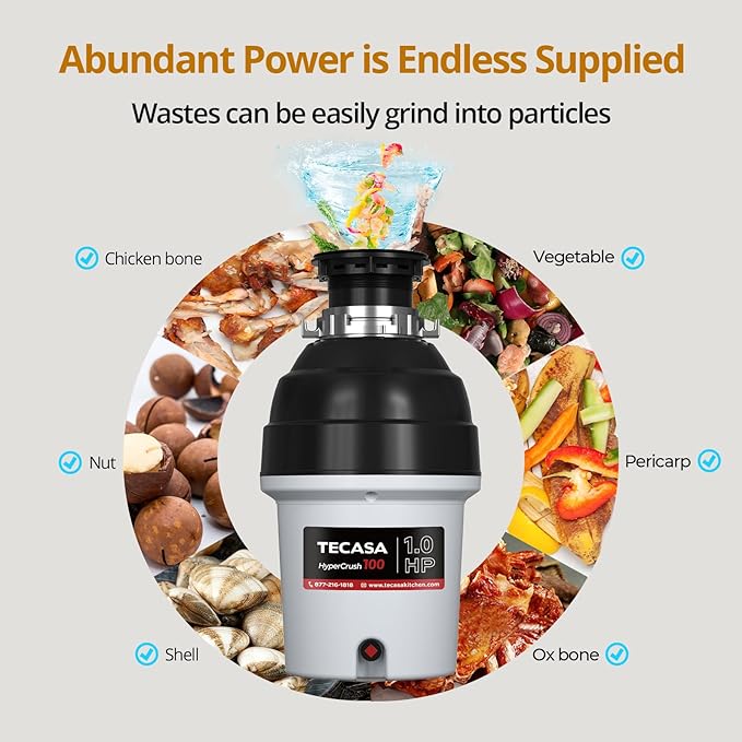 1 HP Garbage Disposal with Sound Reduction, TECASA Food Waste Disposer for Kitchen Sink, Septic Safe Garbage Disposal, Power Cord Included, Grey and Black - HyperCrush 100-Ruum Studio Home