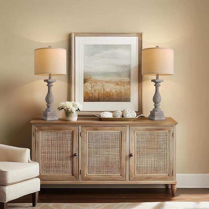 BOBOMOMO 27" Farmhouse Table Lamps with USB-A +C Ports, Vintage Rustic Lamps for Living Room, Linen Shade, Retro Side Table Lamps Set of 2 for Living Room,Bedroom,Night Stands,Office, Home Decor-Ruum Studio Home