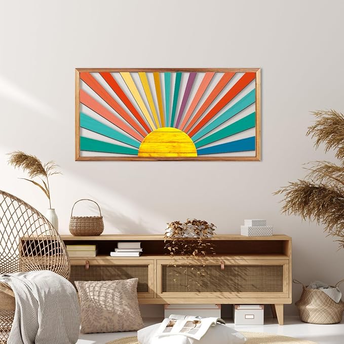 IARTTOP Large Boho Sun Wall Art Framed Wooden Art Wall Decor Sun Geometric Line Sunshine Wall Art for Living Room Bedroom Office 16"" x32, red-Ruum Studio Home