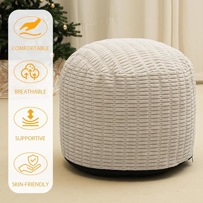 Round Stuffed Pouf Ottoman for Foot Rest, Storage Ottoman Pouf Foot Stool Cushion, Faux Fur Poufs with Foam Chunk Filling, 26 X 18 Inch Floor Chair for Living Room Bedroom Home Decor, Beige-Ruum Studio Home