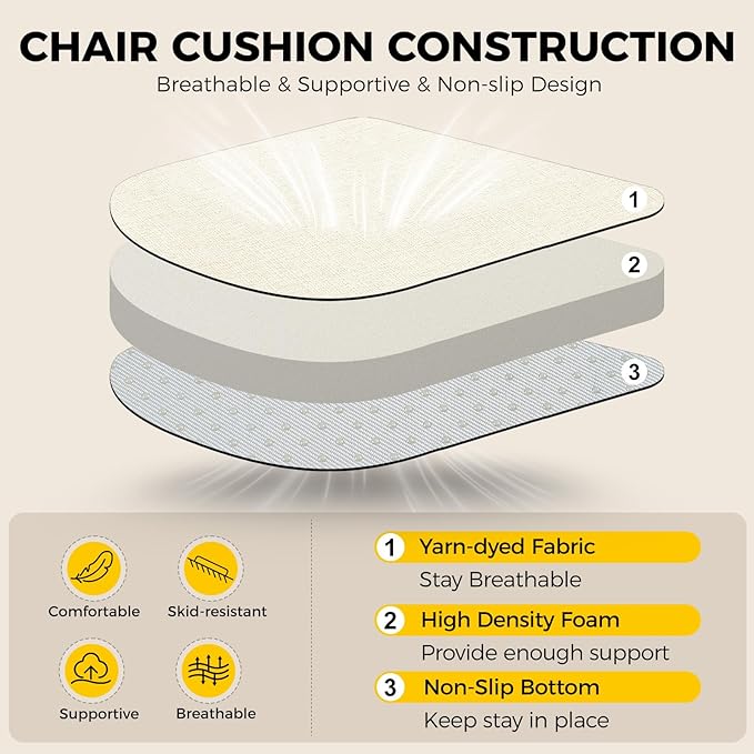 downluxe Indoor Chair Cushions for Dining Chairs, Soft and Comfortable Textured Foam Kitchen Chair Pads with Ties and Non-Slip Backing, 16" x 16" x 2", Beige, 4 Pack-Ruum Studio Home