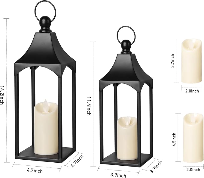 Eufrozy Lanterns Decorative Outdoor Indoor Set of 2 Black Metal Candle Lanterns with Flameless Candle, Modern Farmhouse Lantern Decor for Porch Patio Fireplace Mantle Kitchen Table Christmas Gifts-Ruum Studio Home