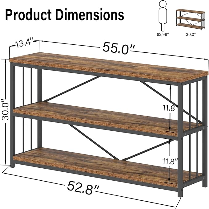 LVB Industrial Console Entryway Table, Metal Wood Rustic Sofa Table with Storage, Farmhouse 3 Tier Shelf Long Hallway Foyer Entry Tables Behind Couch for Home Living Room Entryway, Rustic Brown, 55 In-Ruum Studio Home
