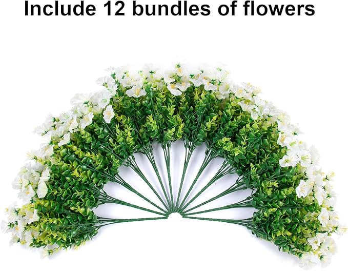 Artificial Flowers for Outdoors Fake Plants Outside Decoration, 12 Bundles Silk White Morning Glory UV Resistant Look Real Faux Flowers for Planter Front Door Porch Patio Yard Gardens Balcony-Ruum Studio Home