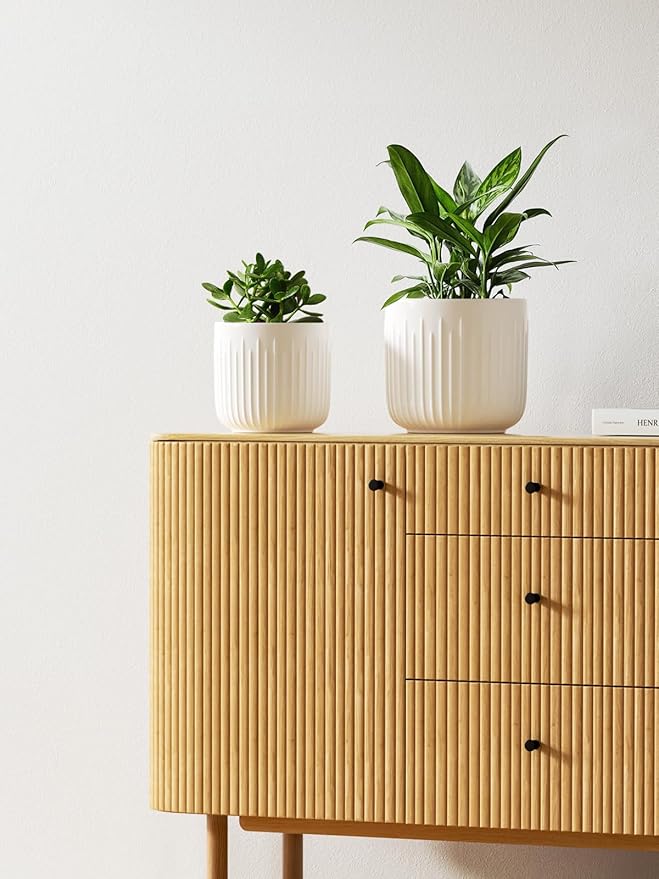 LE TAUCI Fluted Ceramic Planters Set of 3 – 8.3/7 / 5.7 in White Cylinder Indoor Plant Pots with Drainage Plug & Mesh, Matte Glazed Stoneware Flower Pots for Succulent Herb Cactus-Ruum Studio Home