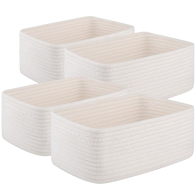 4 Pack Small Storage Shelf Baskets for Organizing, Mini Woven Rope Storage Bins for Towels, Cute Decorative Closet Organizer，Baby Nursery, Gift Empty Baskets -11.81''Lx7.87''Wx4.72''H-White-Ruum Studio Home