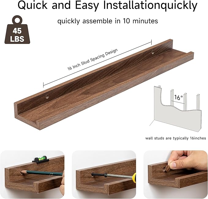Picture Ledge Shelf for Wall, Floating Shelves Set of 4, 24 Inch Long Nursery Book Shelves for Toys Storage, Kids Bookshelf Wall Mounted for Books Photo Frames, Walnut-Ruum Studio Home