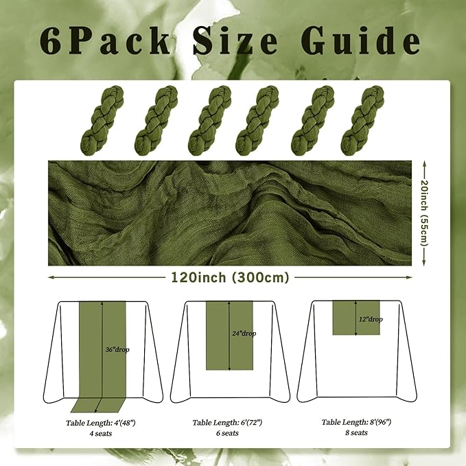 6 Pack Olive Green 10FT Cheesecloth Table Runner Rustic Gauze Cheese Cloth Table Runner for Wedding Bridal Baby Shower Table Decorations Boho Fabric Sheer Birthday Party Decor 20 x 120 Inch Long-Ruum Studio Home