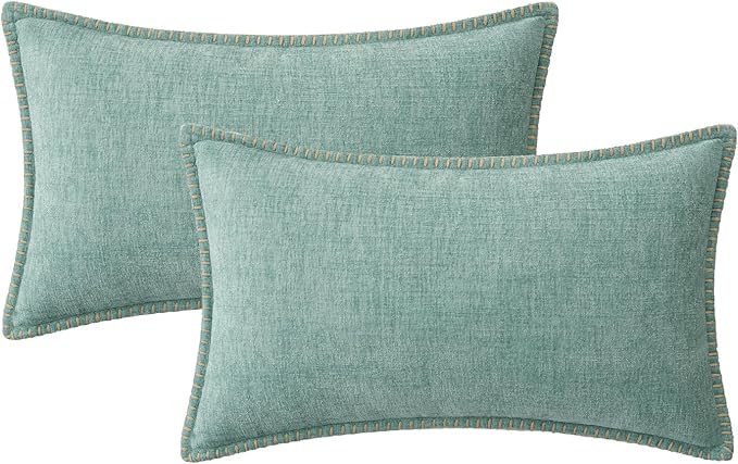 MIULEE Pack of 2 Couch Throw Pillow Covers 12x20 Inch Aqua Green Farmhouse Decorative Pillow Covers with Stitched Edge Soft Chenille Solid Dyed Spring Pillow Covers for Sofa Bed Living Room-Ruum Studio Home