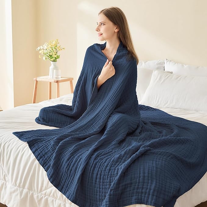 EMME Cotton Blanket Twin XL for Bed Soft Muslin Blankets 66"x90" Lightweight Breathable Layering Bedspread Coverlet All Season Gauze, Navy-Ruum Studio Home