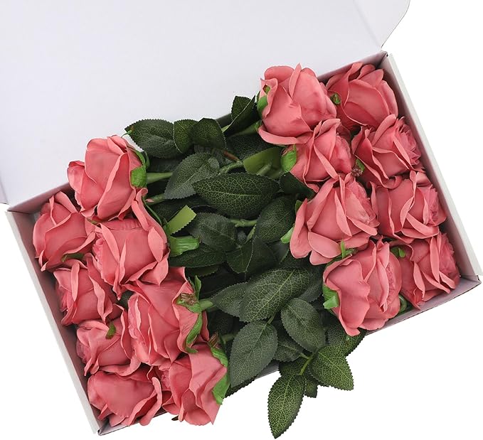 Pink Fake Roses Artificial Flowers - 16 Pcs Fake Artificial Roses Silk Flowers with Stems for Home Wedding Hotel Office Centerpiece Decor（Coral Pink）-Ruum Studio Home