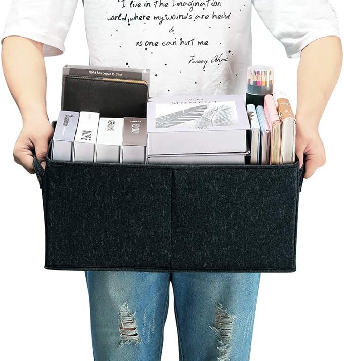 HOONEX Linen Foldable Storage Bins with Lids, 2 Pack, Storage Boxes with Carrying Handles and Sturdy Heavy Cardboard, 16.5" L x 11.8" W x 7.5" H for Shoes, Books, Clothes, Nursery, Dark Grey-Ruum Studio Home