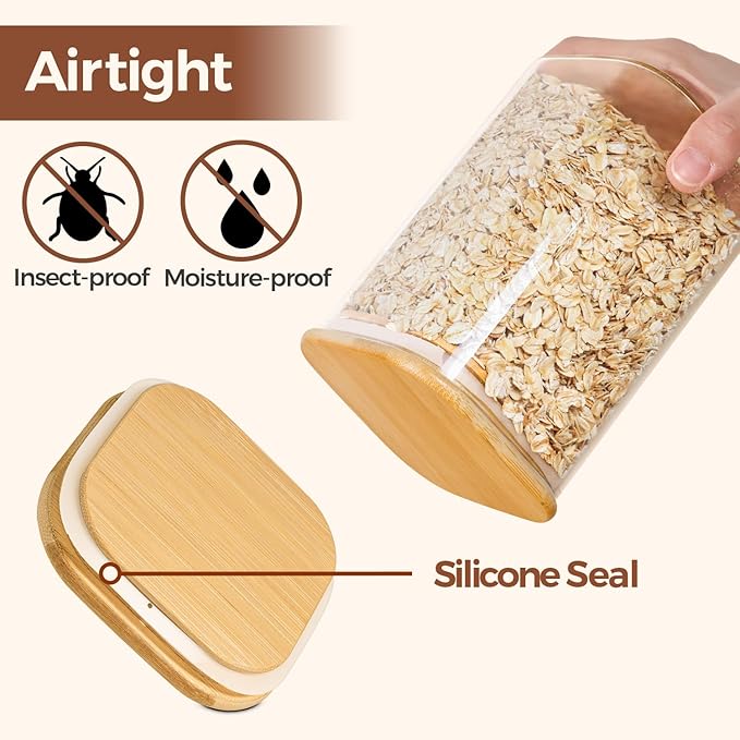 ComSaf Airtight Glass Storage Canister with Wood Lid (1.6 Qt), Clear Food Storage Container Jar with Sealing Lids for Oat Pasta Flour Cereal Rice Sugar Tea Coffee Beans, Set of 3 Square Cookie Jar-Ruum Studio Home