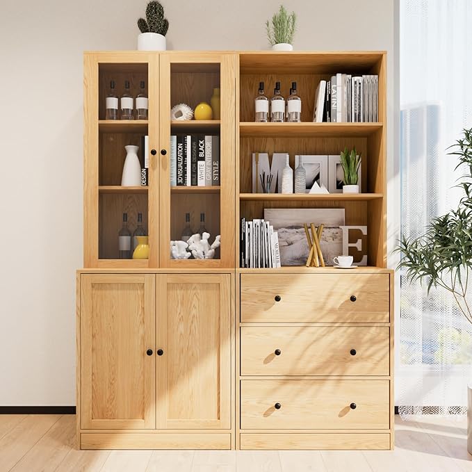 TUSY 71" Bookshelf Bookcase, 3-Tier Modern Bookshelves 3 Large Drawer, Wood Filing Cabinet with Open Storage Shelf, Glass Doors 5-Tier Fixed Storage Shelves for Home Office (Wood)-Ruum Studio Home