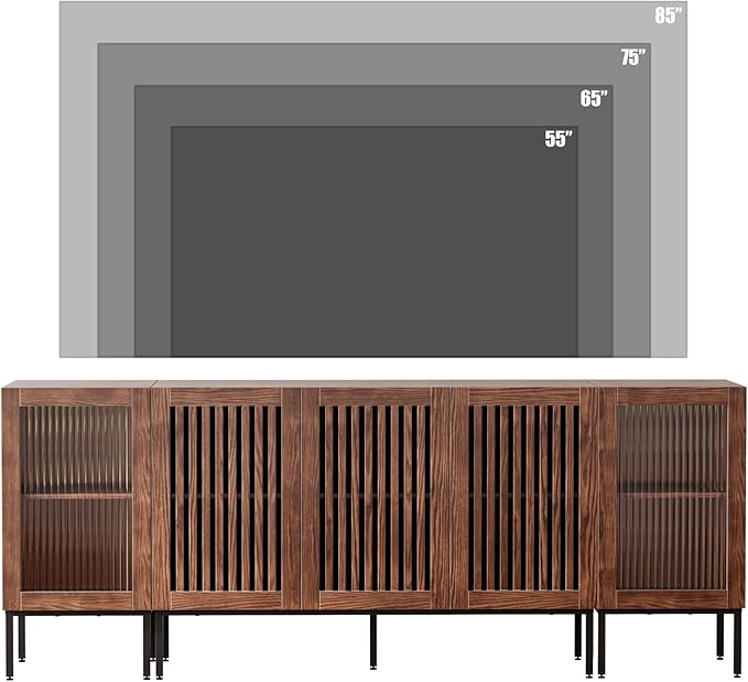 Farmhouse TV Stand for TVs up to 85 Inch, Entertainment Center TV Console with Storage Cabinets and Glass Doors,Media Console for Living Room, Brown-Ruum Studio Home