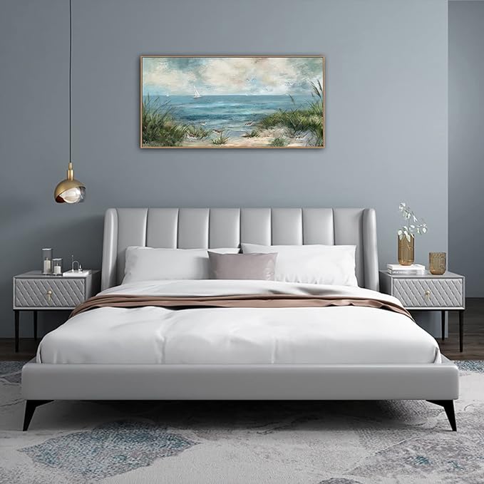 Sea Beach Vintage Seascape Canvas Prints Wall Decor Ocean Sailboat Seagull Beach Bird Reed Canvas Painting Artwork Living Room Bedroom Decoration Natural Framed-Ruum Studio Home