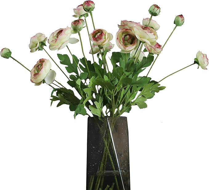 Artificial Silk Flowers Persian Buttercup Bicolor Ranunculus Flower 5 Pcs,Suitable for core Decoration,Wedding Floral Creation,Flower Arrangement DIY Project,Interior Decor（Green）-Ruum Studio Home
