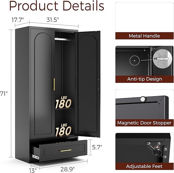 71" Metal Armoire Wardrobe Closet with 2 Doors and Drawer, Tall Wardrobe Cabinet with Hanging Rod and Adjustable Shelves, Black Clothing Storage Cabinets for Bedroom, Home Office-Ruum Studio Home