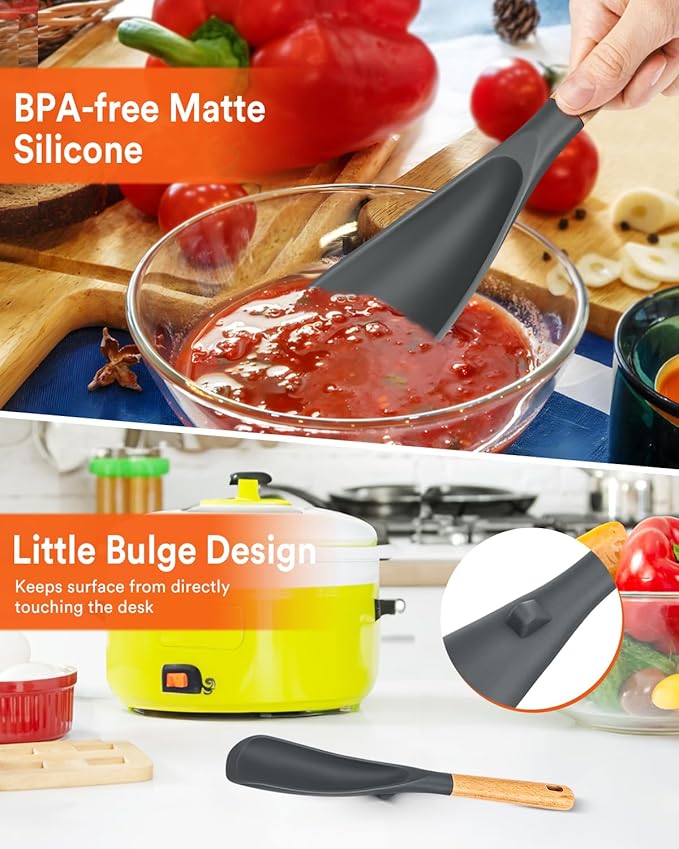 Cooking Spoon for Nonstick Cookwares, Great for Cooking and Serving Sturdy BPA-Free Matte Silicone, Wood Handle Spoon for Mixing, Scoop, and Scrape (2 Pack of Grey, 11.4 inch)-Ruum Studio Home