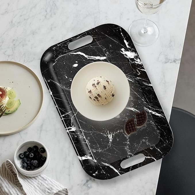 Serving Trays with Handles, 14.5 x 9.8 inch Rectangular Plastic Tray for Restaurant, Kitchen, Black Marble-Ruum Studio Home