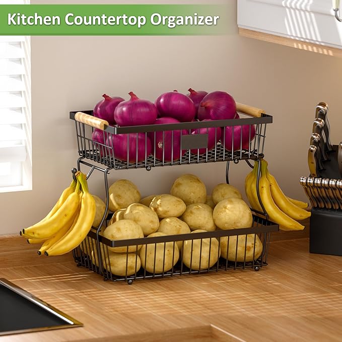 2 Tier Fruit Basket for Kitchen Counter with 2 Banana Hangers, Countertop Metal Fruit Bowl with Wooden Handle, Large Storage Stand for Vegetables, Snacks, Breads, Produce Storage – Black-Ruum Studio Home