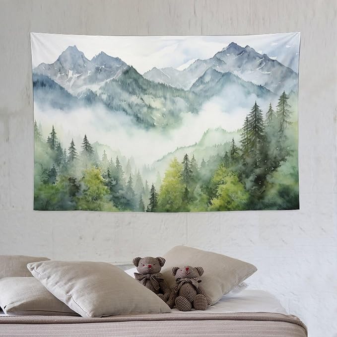 HZOHNAGO Mountain Tapestry Misty Green Forest Mountain Pattern Printed Wall Tapestry Wall Hanging for Bedroom Living Room Dorm 60" W x 40" H-Ruum Studio Home