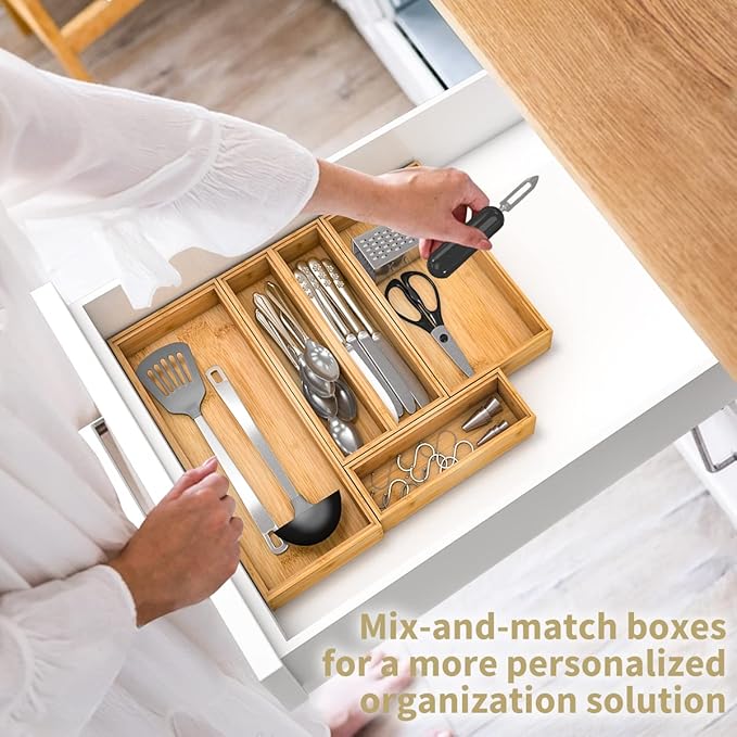 Bamboo Kitchen Drawer Organizer, Stackable Silverware Tray Utensil Organizer Cutlery Holder for Kitchen,Wooden Storage Box for Bathroom, Multi-Use Storage Bins Dividers for Office(12x3x2.5 inch）-Ruum Studio Home