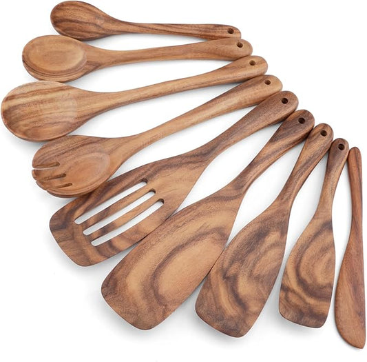 Wooden Cooking Utensils Set, 9 PCS Teak Wood Spoons, Spatula, Slotted Spoon, Handmade Modern Kitchen Utensils-Ruum Studio Home
