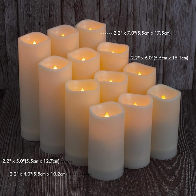Aignis 12pcs Flameless LED Candles Battery Operated with 10-Key Remote Timer, Outdoor Indoor Waterproof, Warm Flickering Glow for Cozy & Romantic Home/Wedding/Holiday Décor(D2.2''xH4/5/6/7'')-Ruum Studio Home