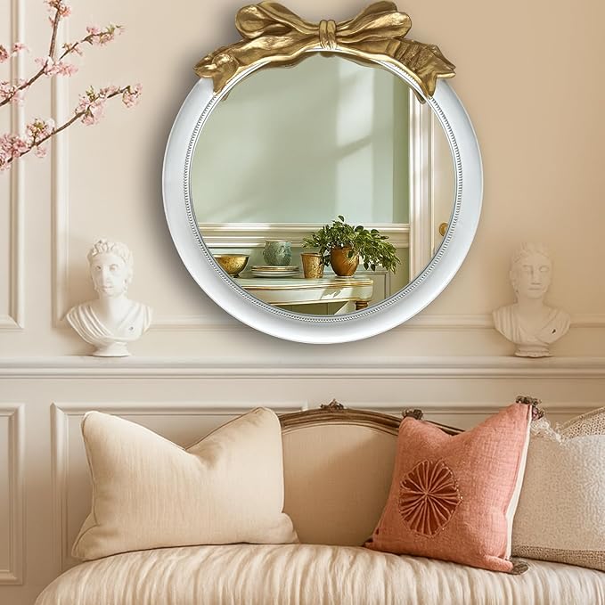 26x26 inch Bow Antique Mirrors for Wall, Round White and Gold Decorative Wall Mounted Mirror, Circle Antique Mirrors Suitable for Bedroom, Hallway, Living Room Decoration, Bathroom Sink-Ruum Studio Home