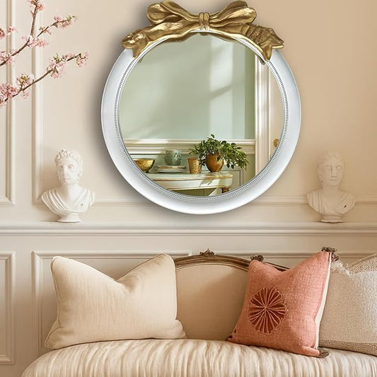 26x26 inch Bow Antique Mirrors for Wall, Round White and Gold Decorative Wall Mounted Mirror, Circle Antique Mirrors Suitable for Bedroom, Hallway, Living Room Decoration, Bathroom Sink-Ruum Studio Home