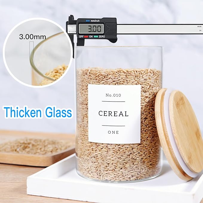 3 Pcs Glass Canisters with Airtight Bamboo Lids and 42 Kitchen Pantry Labels Preprinted - Clear Glass Flour and Sugar Storage Container Set - Large Glass Jars with Wood Lids(100 OZ/54 OZ/27 OZ)-Ruum Studio Home