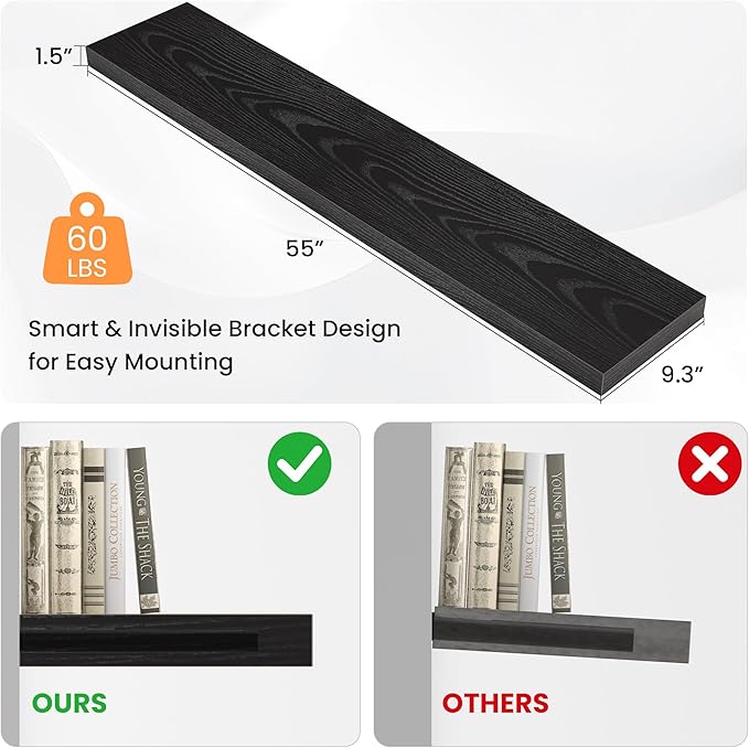 Floating Shelves for Wall, 55"W x 9.3"D x 1.5"H, Long Wooden Wall Mounted Display Shelves with Invisible Brackets for Living Room, Bedroom, Bathroom, Kitchen Decor and Storage, Set of 1, Black-Ruum Studio Home