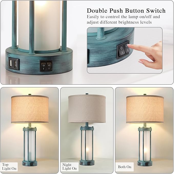 RORIA Set of 2 Rustic Table Lamps for Living Room with 2 USB Ports, Farmhouse Vintage Nightstand Lamp with White Glass Nightlight, Retro Desk Lamps for Bedroom End Table, Bulbs Included(Retro Green)-Ruum Studio Home
