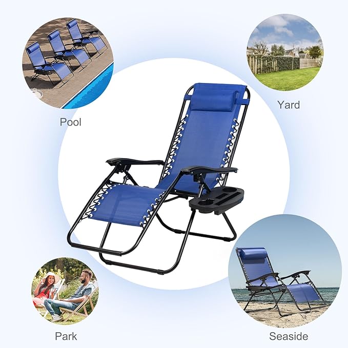 Nazhura Set of 2 Relaxing Recliners Patio Chairs Adjustable Steel Mesh Zero Gravity Lounge Chair Beach Chairs with Pillow and Cup Holder (Blue)-Ruum Studio Home