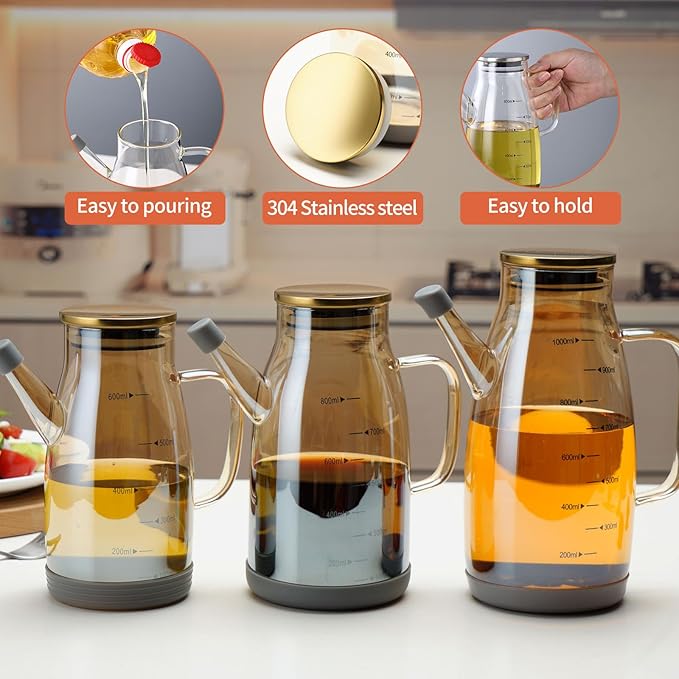 Large Glass Oil Dispenser Bottle for Kitchen Cooking Recipiente Para Aceite De Cocina Olive Oil Vinegar Dispenser Cruet Stainless Steel Lid No Drip Liquid Container (Champagne, 34oz /1000ml)-Ruum Studio Home