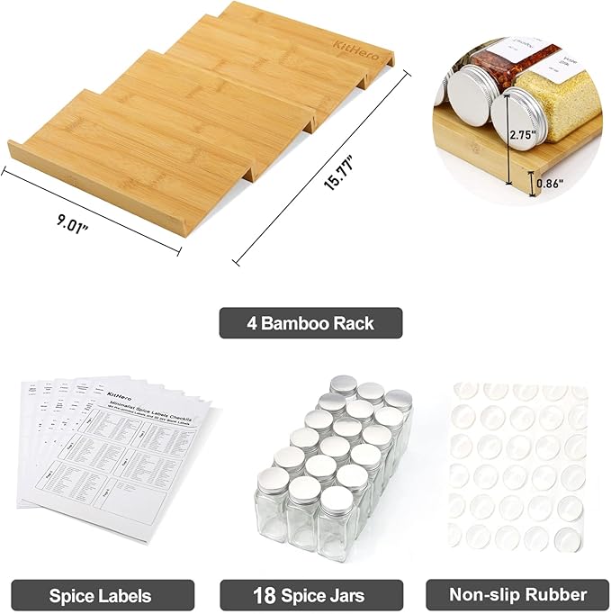 Spice Drawer Organizer with 18 Spice Jars,216 Labels,50 Non-slip Rubber, Bamboo 4 Tier Seasoning Rack Tray Insert for Kitchen Drawers,Cabinets,Countertop,9" Wide x 15.8" Deep-Ruum Studio Home