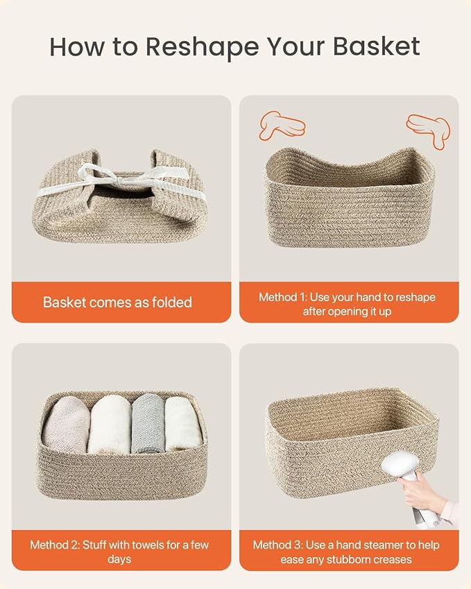 Small Woven Basket, 12 x 8 x 4.5 Inches, Storage Basket for Organizing, Cute Small Rope Shelf Closet Cube Storage Bins Baskets for Shelves, Dog Toy Gift Baskets Empty, 3 Packs, Mixed Brown-Ruum Studio Home