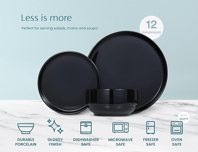 Ceramic Dinnerware Set, 12-Piece Service for 4, Soup Bowls (31.5 oz), Salad Plates (7.5"), Dinner Plates (10.5"), Round, Microwave and Dishwasher Safe, Black, Cambridge Classics-Ruum Studio Home