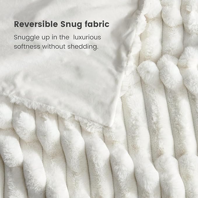 Cozy Bliss Faux Fur Throw Blanket for Couch, Cozy Warm Plush Striped Blanket for Sofa Bedroom Living Room, 60 * 80 Inches Cream White-Ruum Studio Home