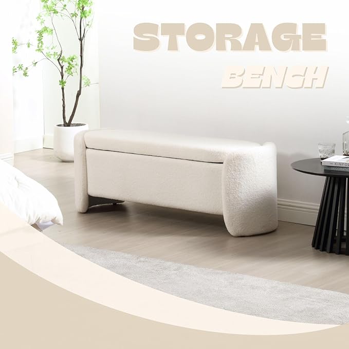 ROCTY White Boucle Storage Bench - 50" Sherpa Ottoman Bench for Bedroom, Entryway, Living Room & Vanity - Teddy Fabric with Storage & Seating-Ruum Studio Home