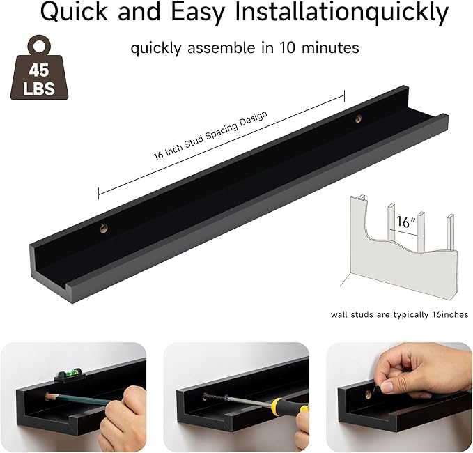 Fun Memories Picture Ledge Shelf, 24 Inch Floating Shelves Set of 2, Nursery Book Shelves for Toys Storage, Kids Bookshelf Wall Mounted for Wall Decor Books Photo Frames, Black-Ruum Studio Home
