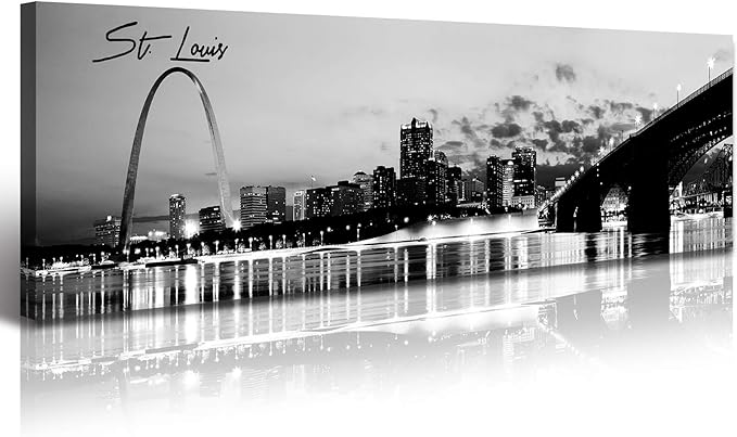 DJSYLIFE Panoramic St. Louis Skyline Wall Art Cityscape Picture Black and White Canvas Print Night View Urban Landscape Modern Artwork Office Bedroom Decor Framed and Ready to Hang 13.8"x47.3"-Ruum Studio Home